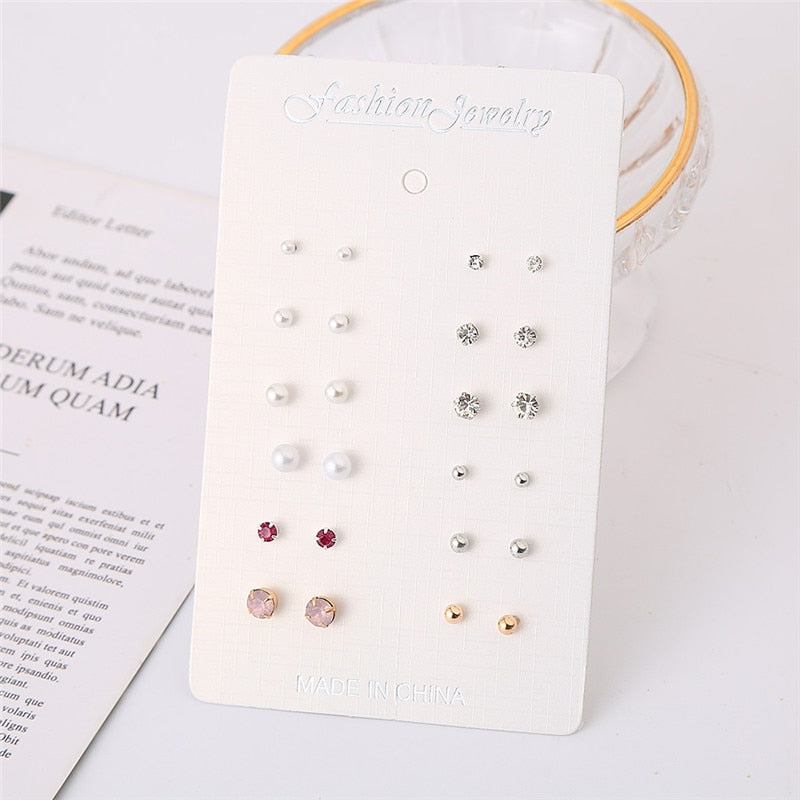 12 pairs/set Crystal Simulated Pearl Earrings Set Women Jewelry Accessories Piercing Ball Stud Earring kit Bijouteria brincos - Charlie Dolly