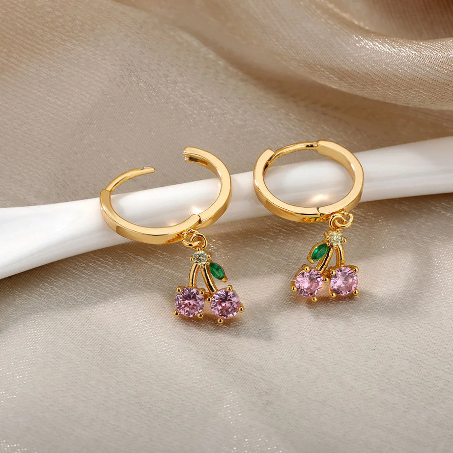 Pink Crystal Cherry Fruit Drop Earrings Jewelry