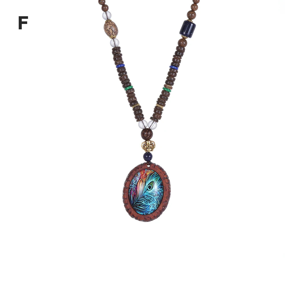 Nepal Wood Bead Pendant Long Necklace Jewelry