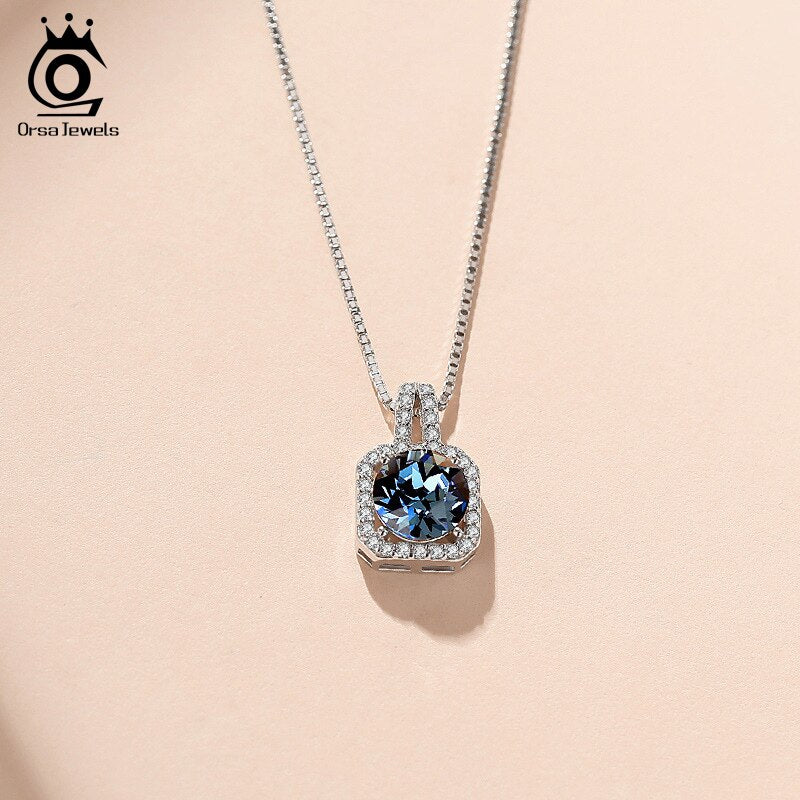 ORSA JEWELS Blue Crystal Necklace for Women 925 Silver Pendant Necklace Female Exquisite Romantic Fine Jewelry Necklace SWN01