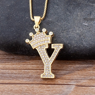 Nidin  Luxury Copper Zircon A-Z Crown Alphabet Pendant Chain Necklace Hip-Hop Style Fashion Woman Man Initial Name Jewelry - Charlie Dolly