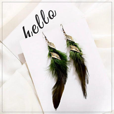 Gold Feather Leaf Long Boho Earrings Jewelry