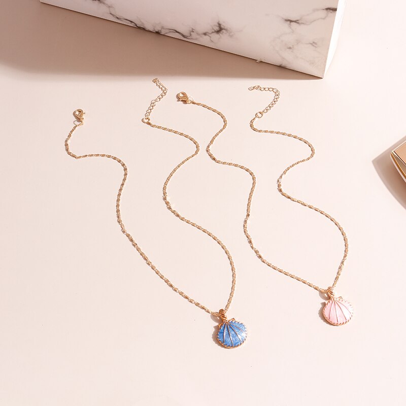 Novelty Pink Blue Enamel Fan Shell Pendants Necklaces Gold Color Chain Choker Necklace for Women Summer Beach Party Jewelry - Charlie Dolly