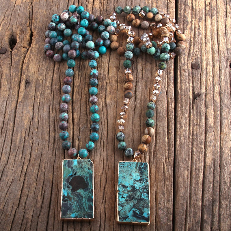 RH Fashion Boho Jewelry Natural Stones Long Knotted Semi Precious Stone Rectangle Pendant Necklaces Women Bohemia Necklace Gift - Charlie Dolly