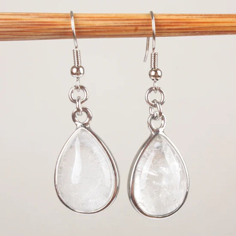 Natural Stone Teardrop Hook Earrings, Amethyst Pink Quartz Lapis Healing Jewelry