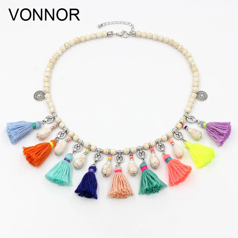 Boho Jewelry Women Statement Necklace Natural Stone Beaded Strand Tassel Water Drop Pendant Necklace Jewelry Sweater Chain
