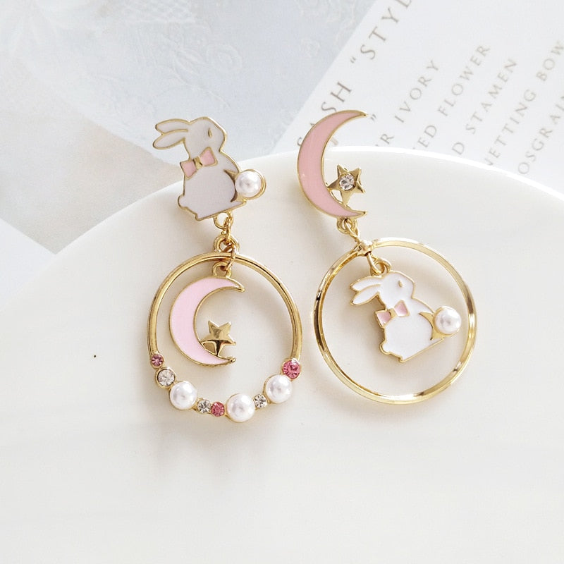 Cute Fashion Asymmetric Cat Rabbit Moon Star Stud Earrings For Women Girls Fan Flower Heart Fish Eardrop Wedding Dangle Jewelry - Charlie Dolly