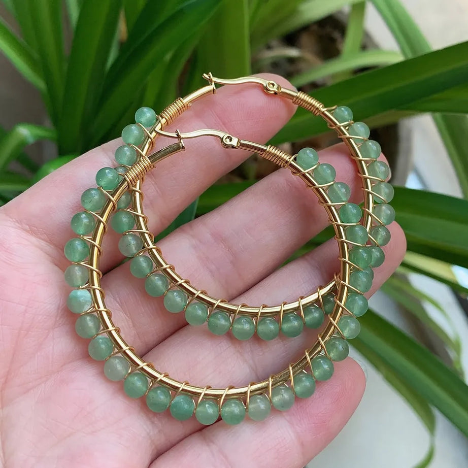 50mm Large Natural Stone Earrings for Women Ear Ring Agates Crystal Gold Plated Stainless Steel Circle Hoop Earring Boho Jewelry - Charlie Dolly