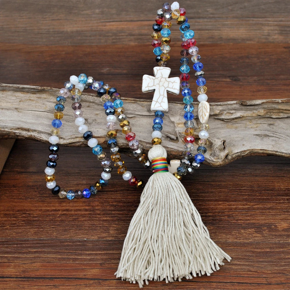 White Stone Crystal Bead Long Tassel Necklace Jewelry