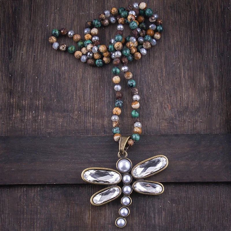 Dragonfly Long Knotted Stone Necklace Jewelry