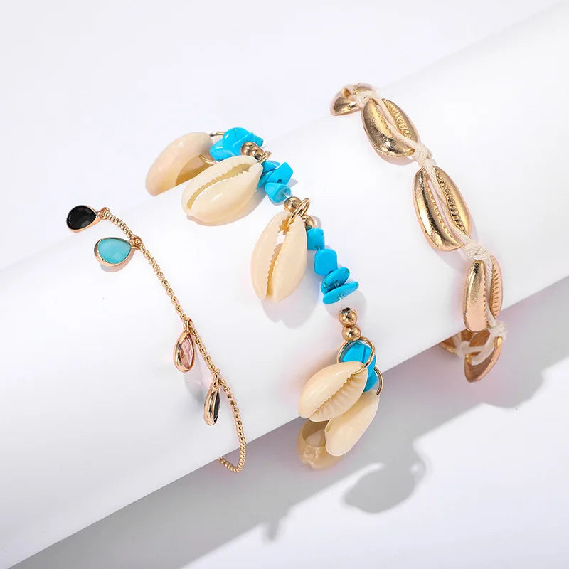 docona Boho Handmade Shell Seed Beads Anklet Set for Women Multilayer Broken Stones Summer Ocean Beach Foot Chains Jewelry 9426