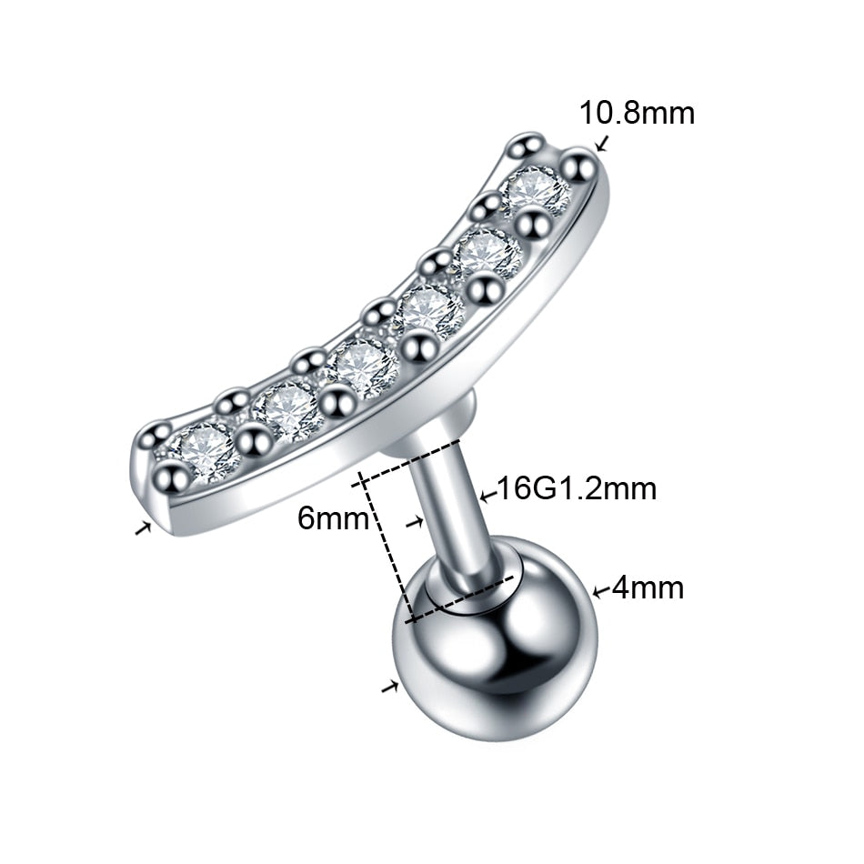 1PC Steel CZ Cartilage Stud Helix Earring Piercings Crystal Rook Tragus Conch Earring Stud Piercings Sexy Women Jewelry 16G - Charlie Dolly