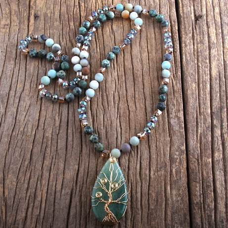 Fashion Bohemian Jewelry Natural Stones /Glass Crystal Knotted With Semi Precious Pendant Boho Necklace Women Gift - Charlie Dolly