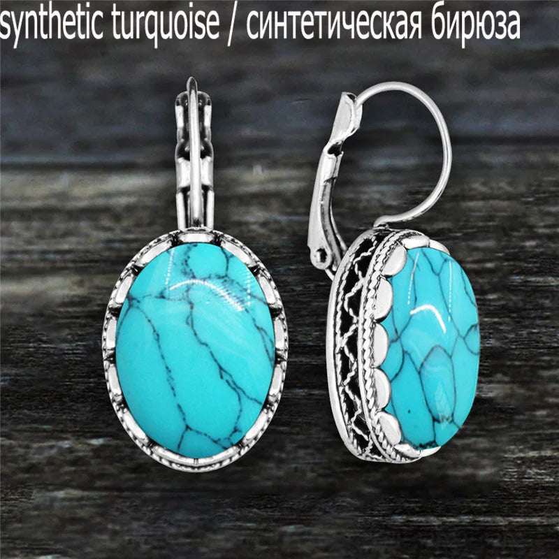 Oval Amethysts Earrings For Women Tibetan Silver Natural Stone Rose Quartz Lapis Lazuli Tiger Eye Fashion Earring
