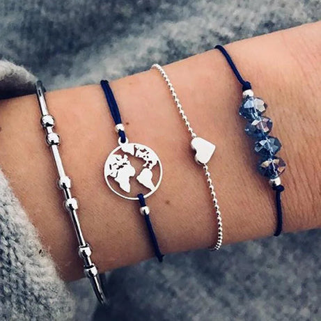 Boho Charm and Crystal Bead Bangle Bracelet Set