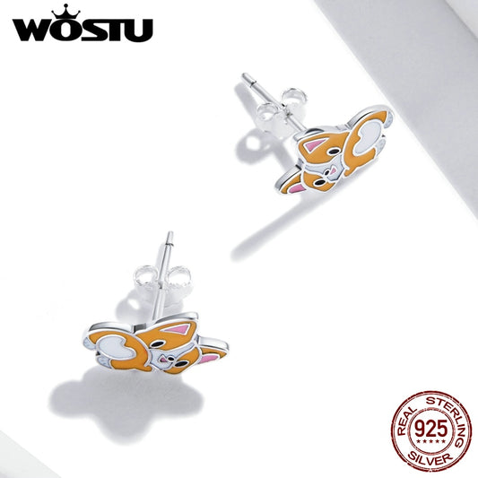 WOSTU 2021 925 Sterling Silver Animals Cute Lovely Corgi Stud Earrings For Women Fashion Party Jewelry CQE1281 - Charlie Dolly
