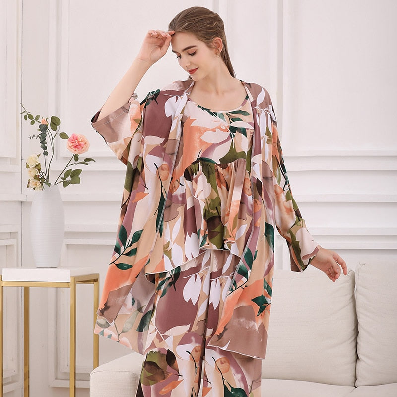 HOT SELLING 3Pcs Soft Pajama Set For SPRING & FALL Ladies Sleepwear Floral Printed  Pink Leaves Cardigan+Camisole+Pants Homewear