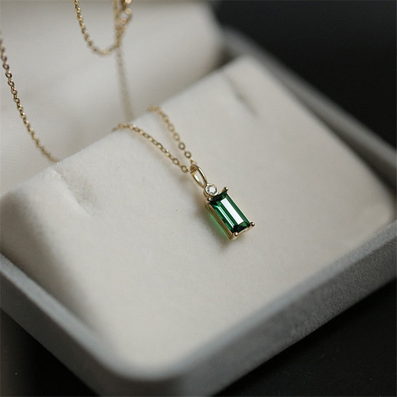 925 Sterling Silver European Simple Square Green Crystal Pendant Clavicle Chain Necklace Women Classic Plating 14k Gold Jewelry - Charlie Dolly