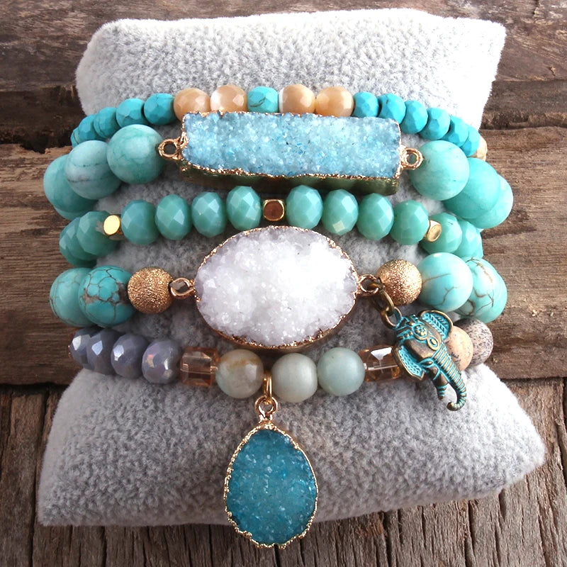 New Designer Boho Beaded Bracelet Set Natural Stone & Druzy 5pc Bracelets Bangles Set For Fashion Jewelry