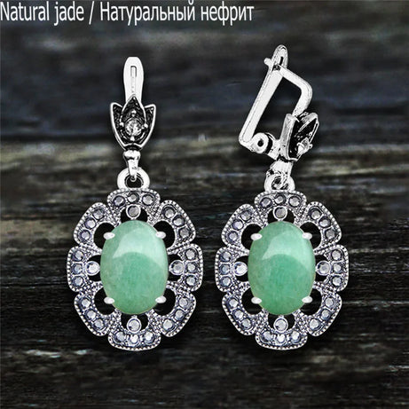 Vintage Plumflower Natural Jades Quartz Earrings For Women Antique Silver Plated Lapis Lazuli Tiger Eye Stone Fashion Earring - Charlie Dolly