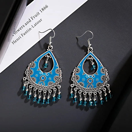 خمر الخرز الأحمر شرابة أقراط الزفاف الهندي Jhumka العتيقة بوهو الفضة اللون زهرة منحوتة إسقاط أقراط Brincos مجوهرات