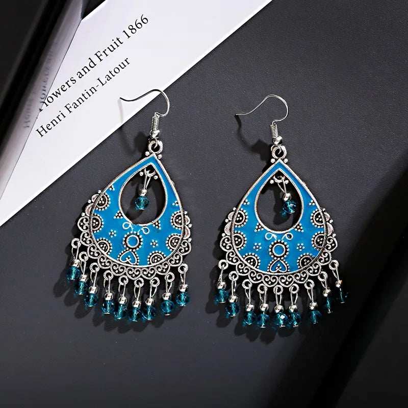 خمر الخرز الأحمر شرابة أقراط الزفاف الهندي Jhumka العتيقة بوهو الفضة اللون زهرة منحوتة إسقاط أقراط Brincos مجوهرات