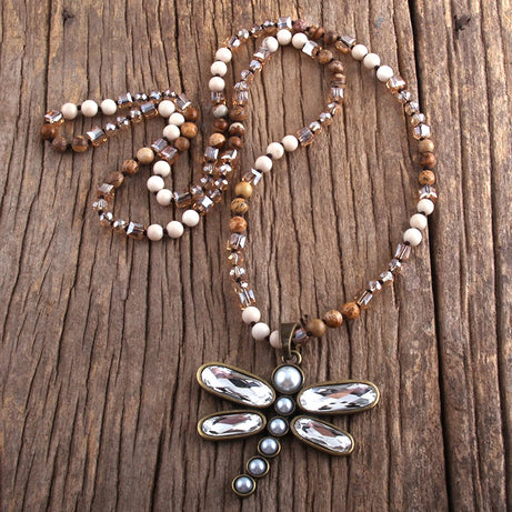 Dragonfly Long Knotted Stone Necklace Jewelry