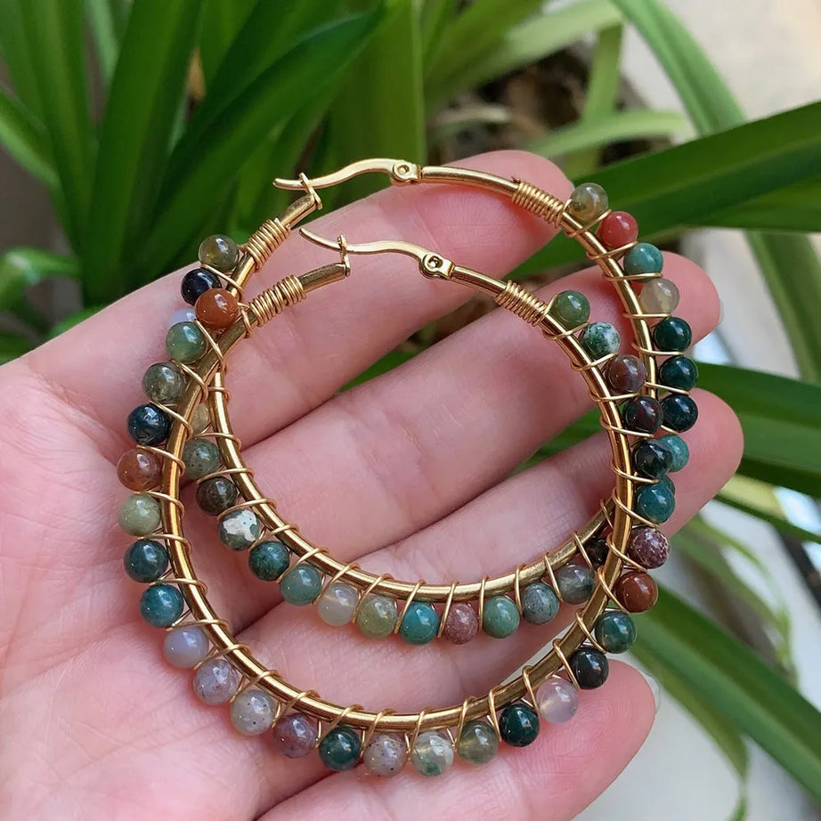 50mm Large Natural Stone Earrings for Women Ear Ring Agates Crystal Gold Plated Stainless Steel Circle Hoop Earring Boho Jewelry - Charlie Dolly