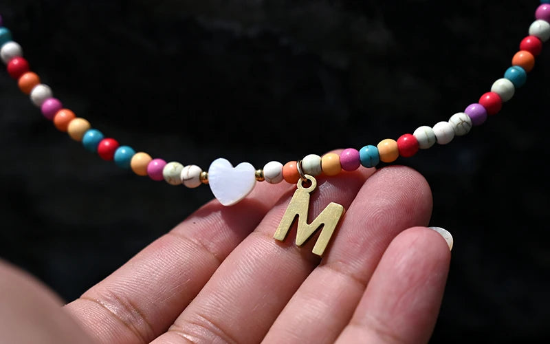 Colorful Beads Initial Choker for Women Stainless Steel Letter Pendant Necklace Fashion Shell Heart Jewelry Boho Accessories