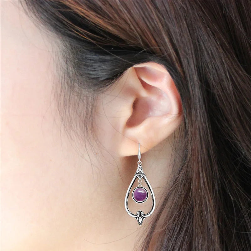 Round Amethysts Drop Earrings For Women Tibetan Silver Natural Stone Rose Quartz Lapis Lazuli Tiger Eye Fashion Dangle Earring