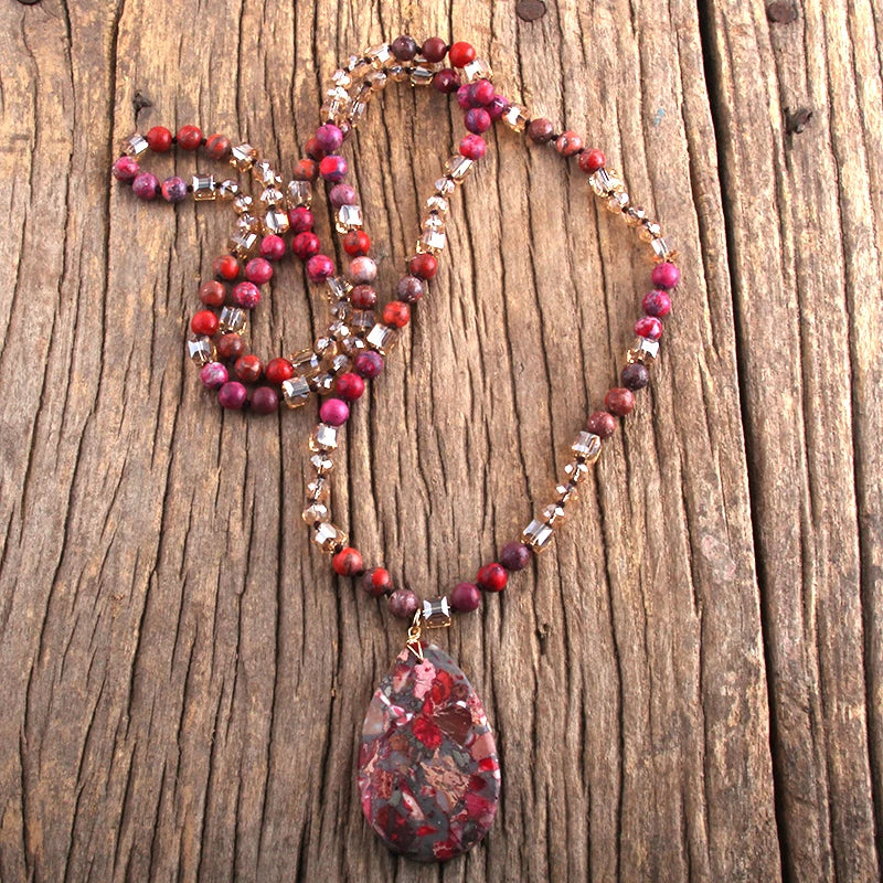 RH Fashion Bohemian Jewelry 6mm Natural Stones Crystal With Semi Precious Dorp Pendant Necklaces For Boho Necklace