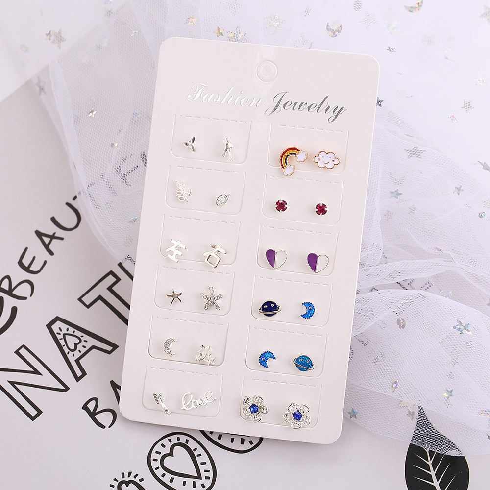 12 pairs/set Crystal Simulated Pearl Earrings Set Women Jewelry Accessories Piercing Ball Stud Earring kit Bijouteria brincos - Charlie Dolly