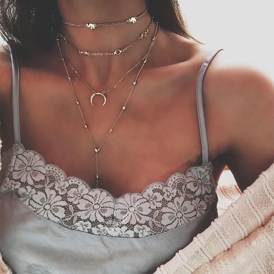Moon Cross Tree Star Layered Choker Necklace Jewelry