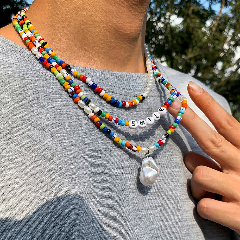 Asymmetric Rainbow Bead Pearl Choker Necklace Jewelry