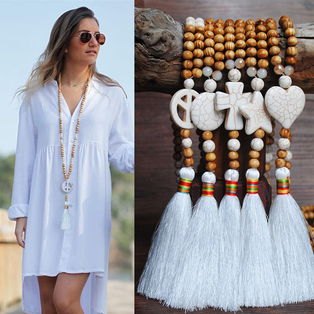 Yumfeel New Bohemian Necklace Handmade Stones Tassels Wood Beads Necklace Long Women Jewelry Gifts