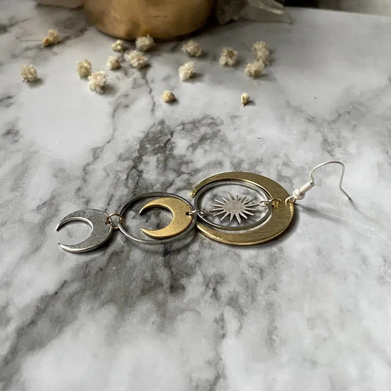 Mixed Metal Gold Silver Plated Geometric Crescent Moon Phase Earrings, Celestial Boho Witchy Jewelry