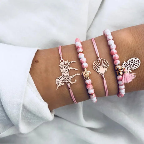 Boho Charm and Crystal Bead Bangle Bracelet Set
