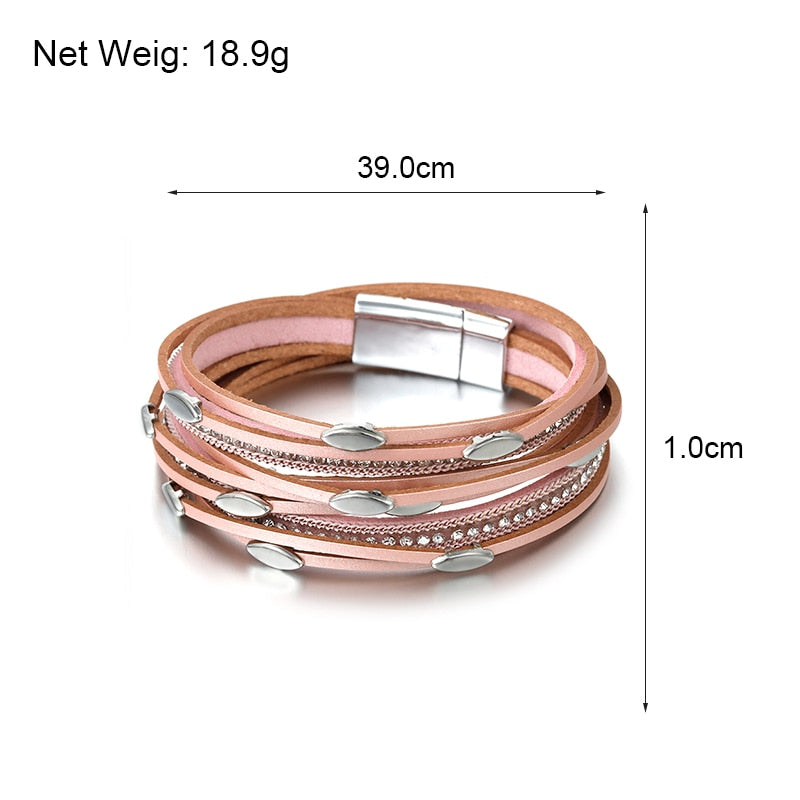 ALLYES Leaf Charm Pink Leather Bracelets for Women 2023 Fashion Crystal Chain Boho Multilayer Wrap Bracelet Femme Jewelry