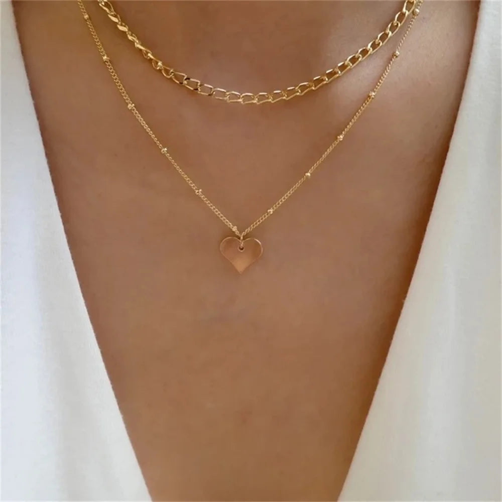 Gold Heart Multilayer Pendant Necklace Set Jewelry