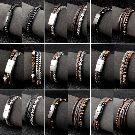 Boho Jewelry Beads Leather Charm Bracelet for Men Women Stainless Steel Natural Stone Rosary love Bracelet Bangle  Gift Wholesal - Charlie Dolly