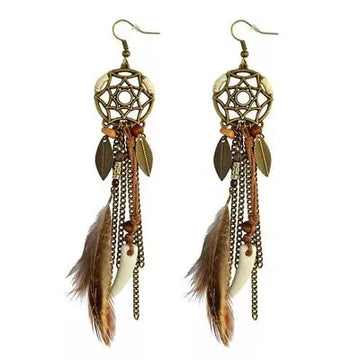 Round Retro Women's Dream Catcher Handmade Long Tassel Feather Earrings Female Leaves Pendant Earring Kolczyki Boho Jewelry