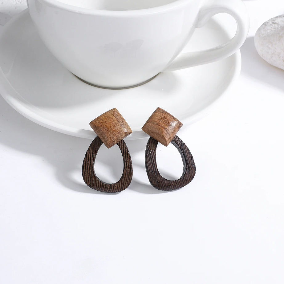 Wooden Rattan Braid Geometric Drop Earrings Jewelry