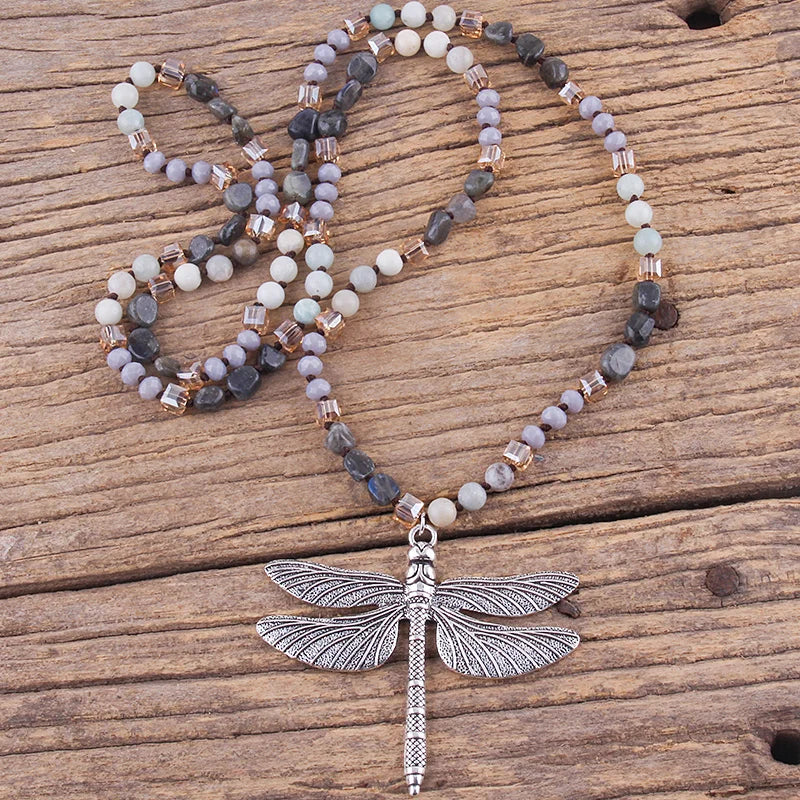 Dragonfly Knotted Stone Pendant Necklace Jewelry