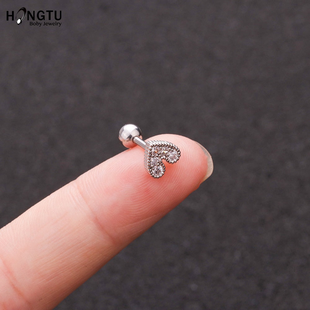 HONGTU 1PC Copper Flower Heart Moon Zircon Tragus Ear Piercing Surgical Steel Shaft Bar Daith Earrings Helix Cartilage Studs 16g - Charlie Dolly