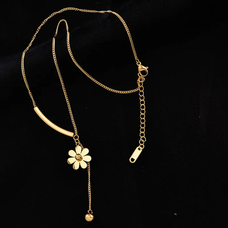 Stainless Steel Long Flower Pendant Necklace, Vintage Blooming Clavicle Chain