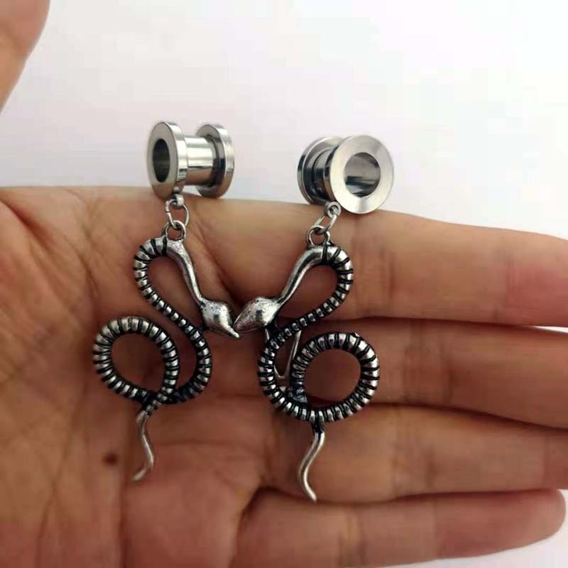 2 Pcs/Pack Screw-fit Cobra Snake Pendant Ear Tunnel Plugs Ear Gauges Flesh Piercing Stainless Steel Ear Expander Reamer 4mm-25 - Charlie Dolly