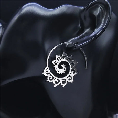 Mandala Spiral Steel Hoop Earrings Jewelry