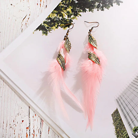 Gold Feather Leaf Long Boho Earrings Jewelry
