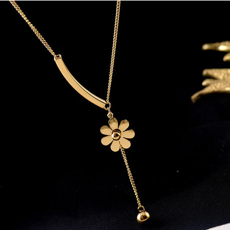 Stainless Steel Long Flower Pendant Necklace, Vintage Blooming Clavicle Chain