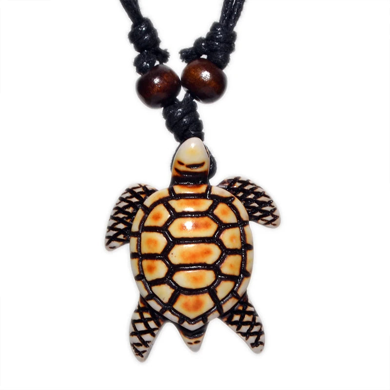 Sea Turtle Bone Pendant Wax Cord Necklace Jewelry
